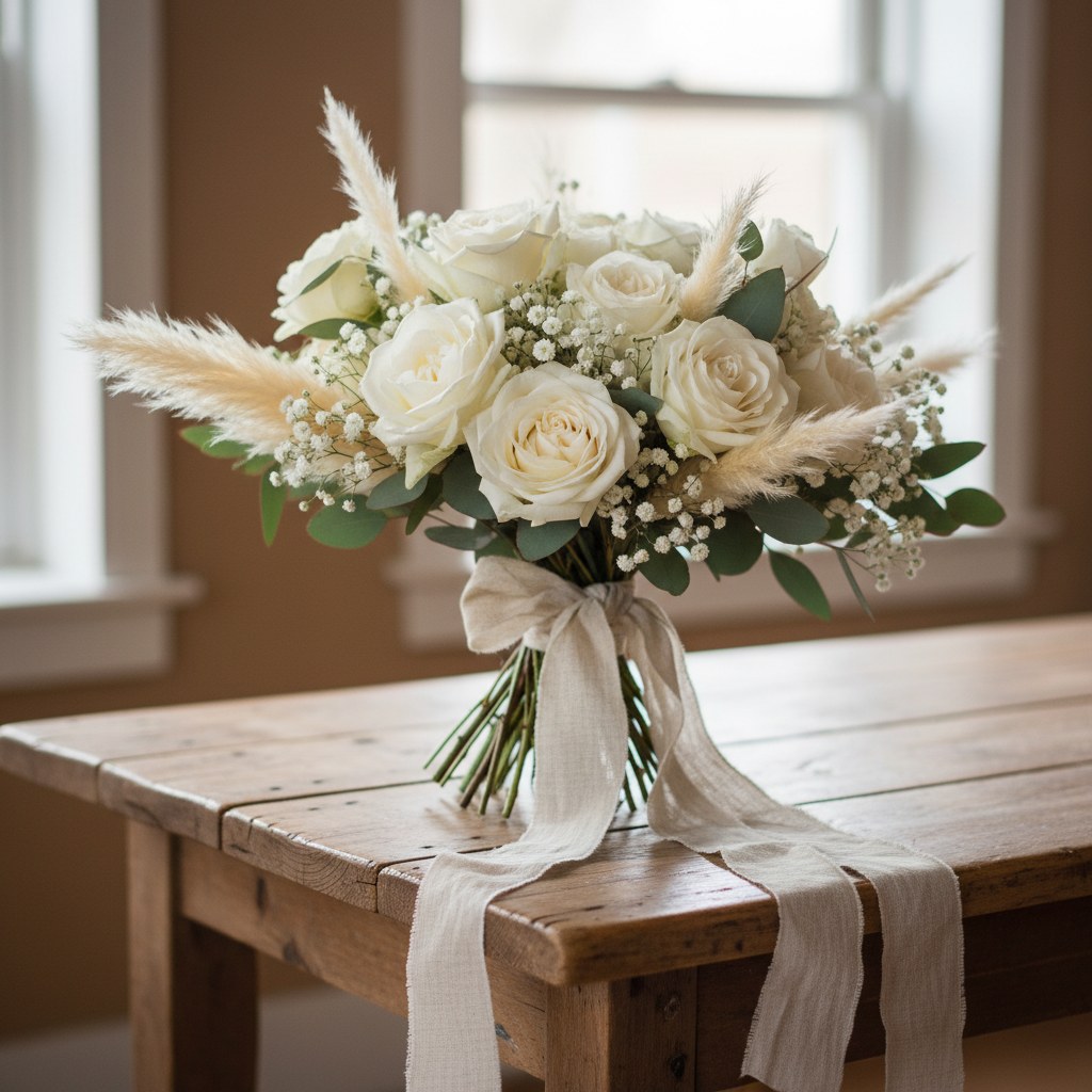 Arreglo floral nupcial con rosas blancas y eucalipto