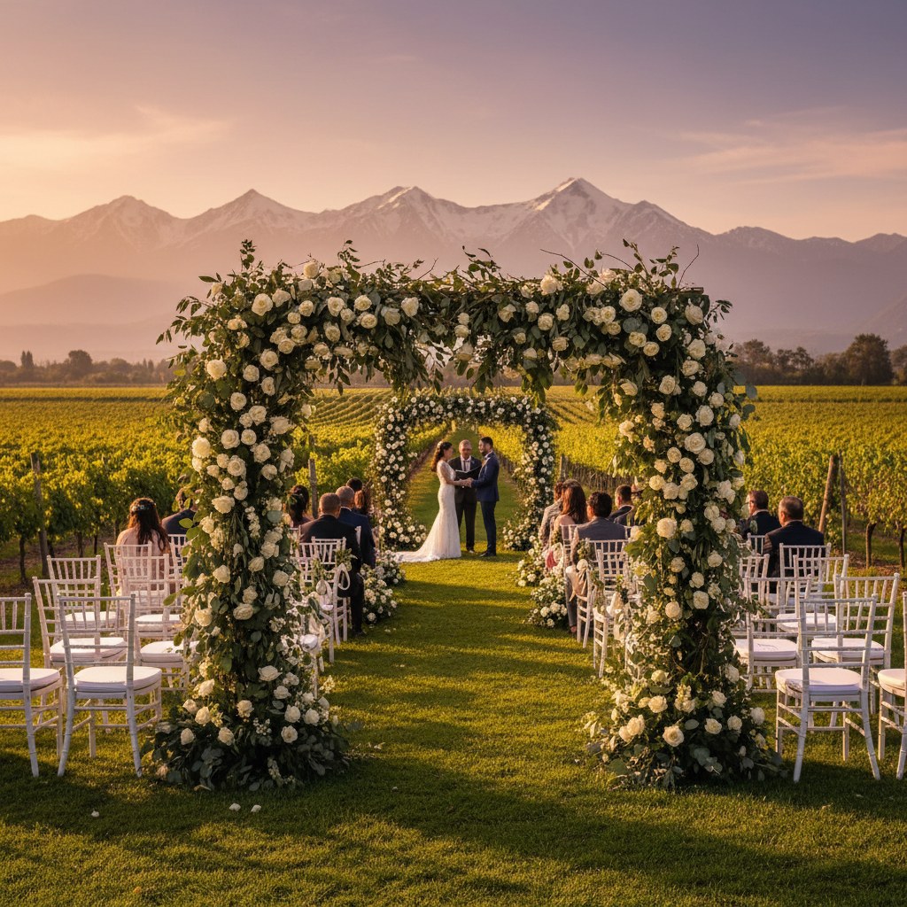 Boda elegante al aire libre en viñedo chileno al atardecer