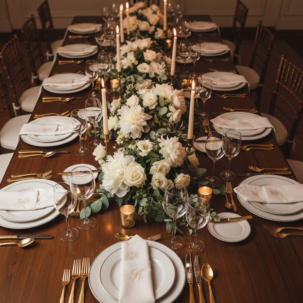 Mesa de banquete nupcial con vajilla fina y centros de mesa florales
