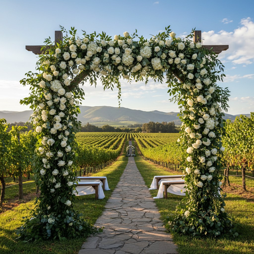 Viñedo chileno con arco ceremonial decorado con flores blancas
